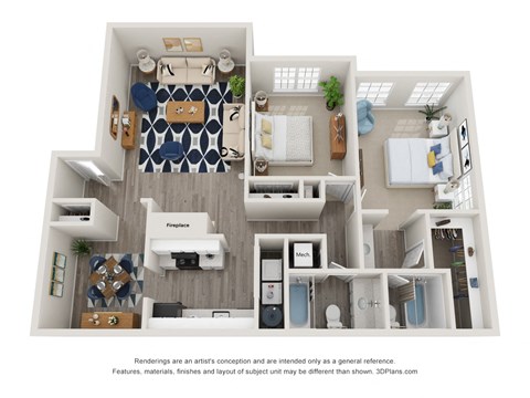 Floor plan for 2 beds, 2 baths, 1200 sqft
